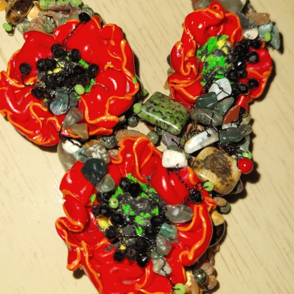 Semiprecious Stone Necklace with Resin Poppies from Ukraine 🇺🇦